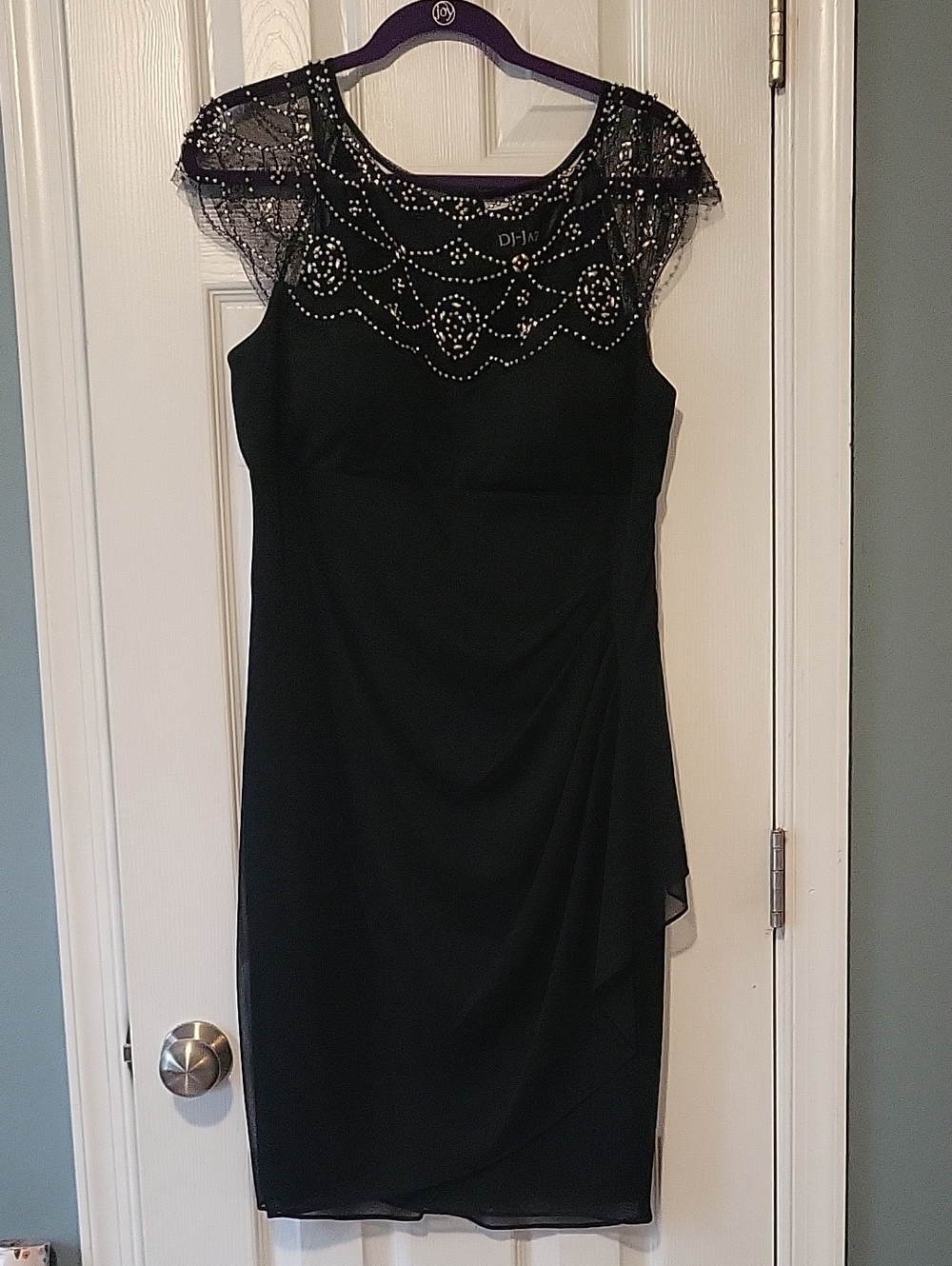 Elegant Black Beaded Illusion Midi Dress